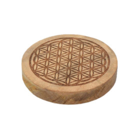 NKlaus Dessous de verre rond Fleur de vie 10 cm – En bois de manguier gravé, idéal pour verres, cristaux, rituels et décoration 
