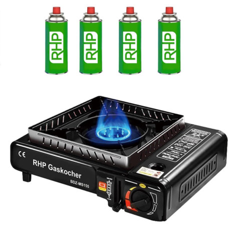 Réchaud à gaz d'extérieur RHP cuisinière de camping I cuisinière à gaz avec 4 cartouches de gaz à baïonnette - avec étui pratiqu