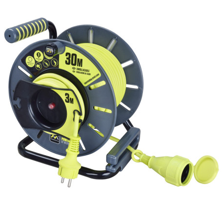 Masterplug Pro-XT Enrouleur ouvert inversé avec prise en ligne résistante aux intempéries 30 m avec câble haute visibilité inver
