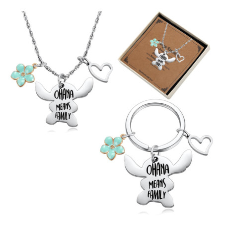 Dehott Stitch Ensemble pendentif – Chaîne et porte-clés avec fleur et cœur « Ohana Means Family » - Idée cadeau pour objets Stit