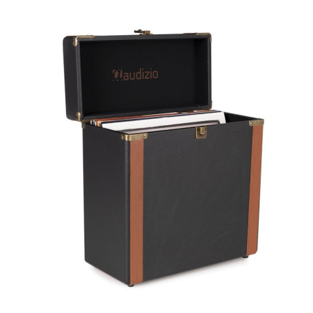 Audizio RC37 Étui de Rangement pour Vinyles 33 Tours - Noir avec détails en Laiton, Caisse pour 30 à 35 Disques Vinyles, 34 x 16