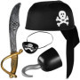 Balinco Set de pirate 4 pièces pour enfants comprenant un chapeau de pirate noir + un sabre + un cache-il + un crochet de pirate