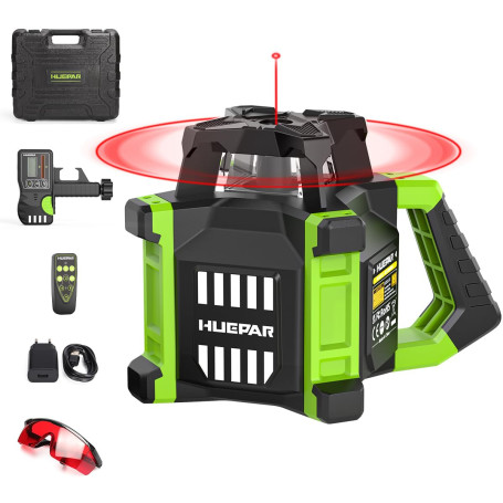 Huepar Niveau Laser Rotatif Auto-Nivellement Kit, Outil de Rouge Niveau Laser Rotatif Intérieur/Extérieur Faisceau Laser Horizon