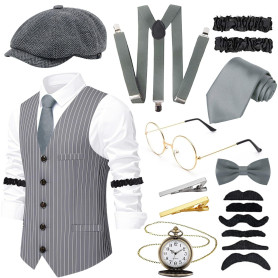 10pcs 1920s Mens Costume Set for Adult, Roaring Retro 20s Gatsby Gangster Costume Outfit with Vest Octagonal Hat Bow Tie Cuffs G