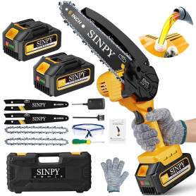 SINPY Mini Tronconneuse a Batterie 2x4000mah, 6 Pouces Tronçonneuse sur Batterie Elagueuse Thermique Coupe Branche Electrique Pe