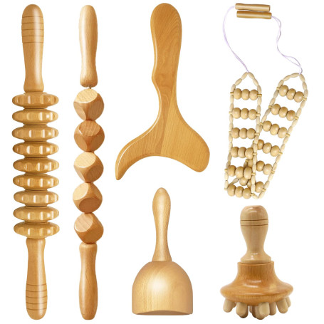 6 en 1 Maderotherapie Kit Complet, Masseur Bois de Anti Cellulite, Rouleau de Massage Gua Sha Cup, Appareil Corps de Drainage Ly