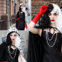 Charmofun 7 Pièces Cruella Deguisement Femme, Déguisement Cruella avec Perruque Cape Noire et Blanche, Deguisement Halloween Fem