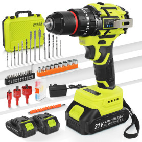 VOERJIA Perceuse Visseuse Sans Fil 21V, Perceuse Percussion Brushless avec 2 Batteries 2000mAh, 65Nm Couple Max, 20+3 Réglages d
