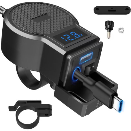 OBEST Chargeur de téléphone portable pour moto avec indicateur de tension (avec interrupteur), prise USB pour moto, 12-24 V, uni