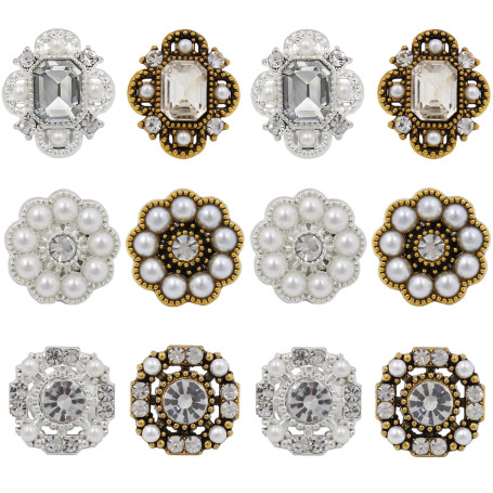 12 pièces de boutons dorés vintage avec strass et perles, boutons floraux en métal à coudre, boutons de cristal élégants pour co