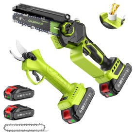Supstable Mini Tronçonneuse 6 Pouces/Sécateur Électrique Sans Fil 33 mm, 2-en-1 Kit Outil de Jardin avec 2 × 2000 mAh Batteries,