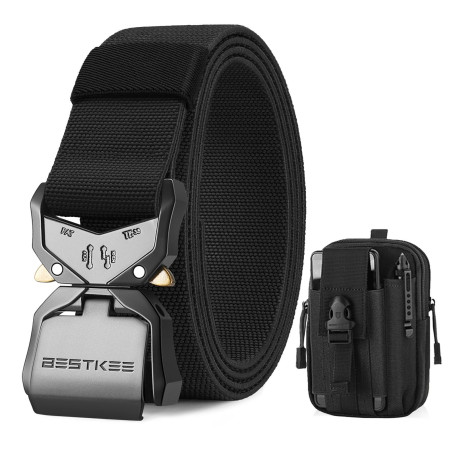BESTKEE Ceinture Tactique, 3.8 cm Ceinture de Travail Militaire, Boucle en Métal à Dégagement Rapide, Offerte avec Sac Tactique 