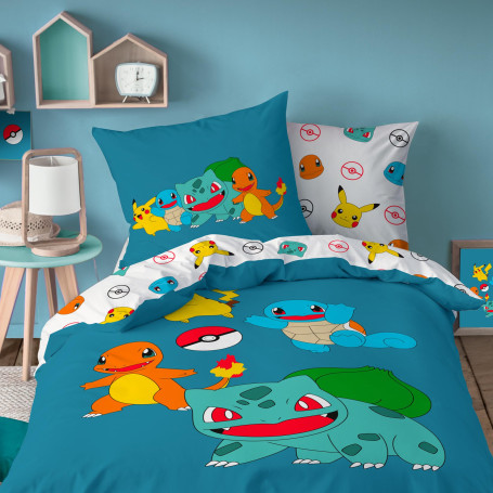 Pokémon Power Parure de lit Enfant | 100% Coton | Oeko-TEX | Housse de Couette 140x200 cm + Taie d'oreiller 63x63 cm | Imprimé R