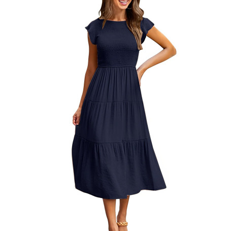 CMTOP Robe Ete Femme Robe Longue Chic et Elegant Manches à Volants Col Rond Robes au Genou Taille Élastique Décontractée Robe de