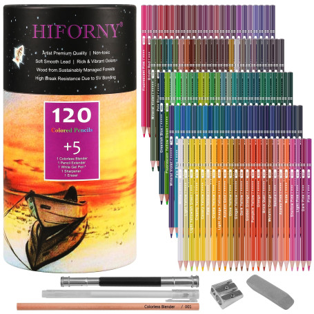 HIFORNY Lot de 125 crayons de couleur pour adultes - 120 crayons de couleur avec extras - Noyau souple - Fournitures d'art pour 