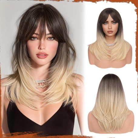 Sofeiyan Perruque Longue et Droite avec Frange,40 cm Ombré Blond Brun Perruque Femme Naturelle Cheveux Synthétiques pour les Tra