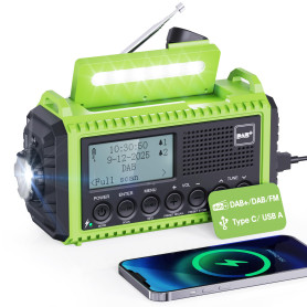 Radio Réveil Portable DAB+/DAB/FM, Solaire et Manivelle, 5000mAh Batterie Rechargeable&USB, Lumineux & Lampe Poche et Lampe de L