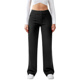 Friptspyg Pantalon Femme Taille Haute Large Bouton Jambe Droite Casual Travail Stretch de Yoga avec Poches