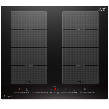 AMZCHEF plaque induction avec deux zones flexibles, plaque de cuisson induction 4 zones avec fonctionnement silencieux (42dB), 9
