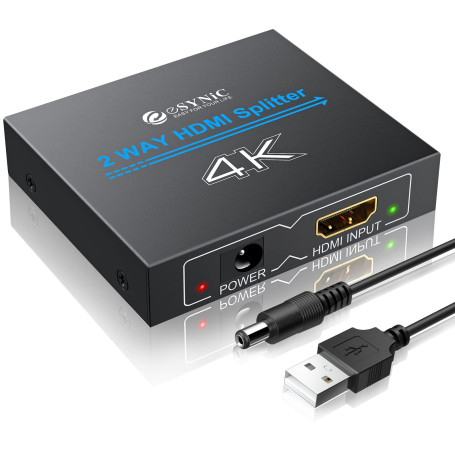eSynic Splitter HDMI 2 Sorties, 4K/30HZ Répartiteur 1 Entrée 2 Sortie HDMI 1.4 Hdcp Bypass Splitter Duplicateur pour HDTV PS4 Bl