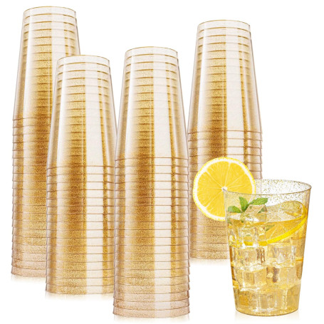 Viapriod Lot De 50 Gobelets Transparents Avec Bord Feuille d'or En Rigide Réutilisables De 280 ml Pour Fête D'anniversaire, Mari