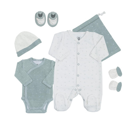Trois Kilos Sept - Kit Naissance - Vêtements Bébé - Ensemble Unisexe avec Pyjama, Body, Bonnet, Chaussons et Moufles - Sac de