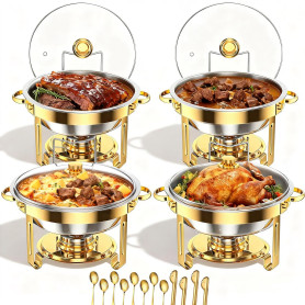 Lot de 4 plats ronds dorés pour buffet, chauffe-plats de 5 l et serveur de nourriture froide pour fêtes, événements, réunions de