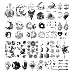 Acevegue 30 Feuilles Tatouage Ephemere, Faux Tatouage Adhésif Pour Adultes Avec Planète Soleil Lune Etoiles Cœur, Noir 3D Réalis