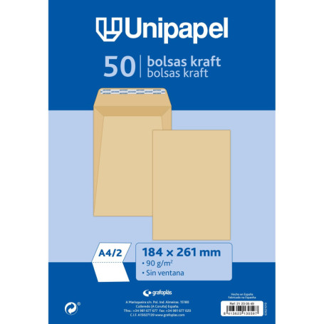 Lot de 50 enveloppes kraft Unipapel avec fermeture autocollante - 184 x 261 mm