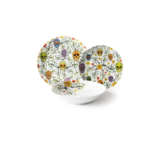 Service de 18 Assiettes en Porcelaine Excelsa avec Motif Crânes