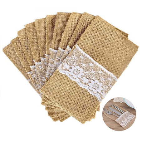 Ensemble de 10 Sacs à Couverts en Jute avec Dentelle pour Événements Festifs