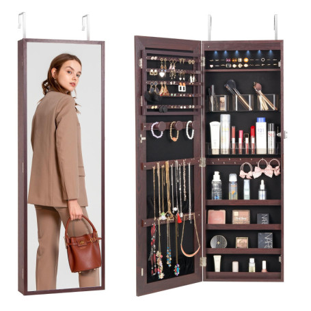 Armoire à Bijoux Mural VEVOR avec Miroir et Éclairage LED, Verrouillable, Marron