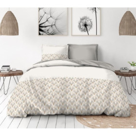 Parure de Couette Élégante en Percale de Coton 240x260 cm - 3 Pièces Blanc & Beige