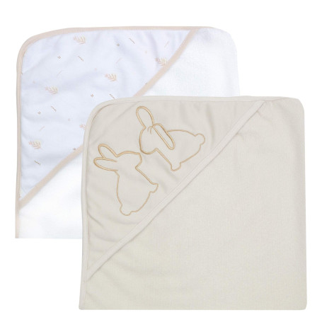 Trois Kilos Sept, Lot 2 Capes de Bain Bébé avec Capuche, Lapin Beige et Blanc, 70x70cm, Éponge Douce et Absorbante, pour Nouveau