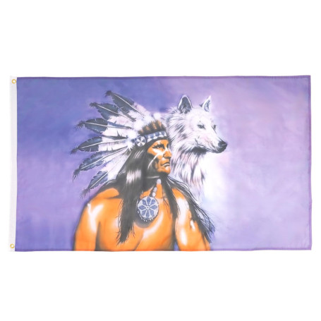 Drapeau Indien d'Amérique avec Loup - 150x90 cm en Polyester