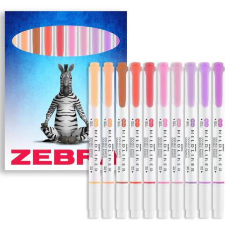 Lot de 10 Surligneurs Mildliner Zebra Pen - Double Pointe Biseautée