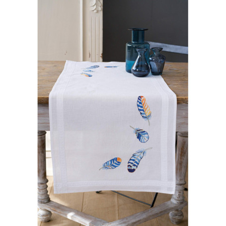 Kit de Point de Croix Vervaco Blue Feathers pour Chemin de Table - 40 x 100 cm