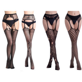 Ensemble de 4 Bas Sexy en Résille Noir avec Bretelles