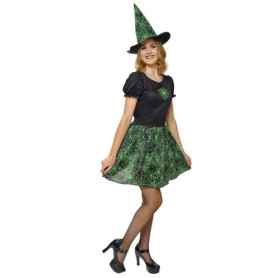 Costume de Sorcière Spiderweb Néon pour Femme - Robe et Chapeau Vert