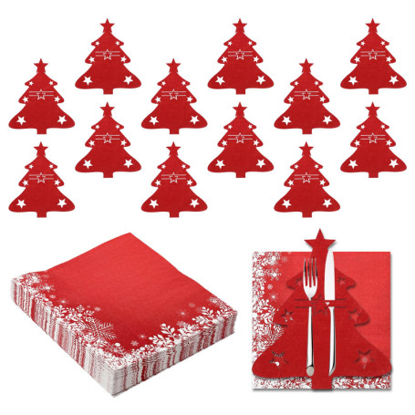 Ensemble de 12 Sacs à Couverts de Noël en Feutre Rouge avec 40 Serviettes