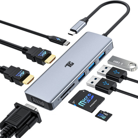 Hub USB C 9 en 1 Tiergrade avec Double HDMI et VGA pour MacBook et PC
