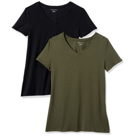 Lot de 2 T-Shirts Col en V Femme - Vert Olive et Noir