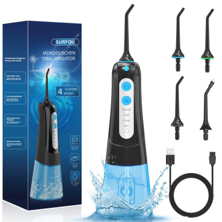 Jet Dentaire Hydropulseur SURFOU avec 4 Modes et 4 Embouts - Étanche et Rechargeable