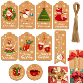 Lot de 50 Étiquettes de Noël en Papier Kraft avec Cordes de Chanvre