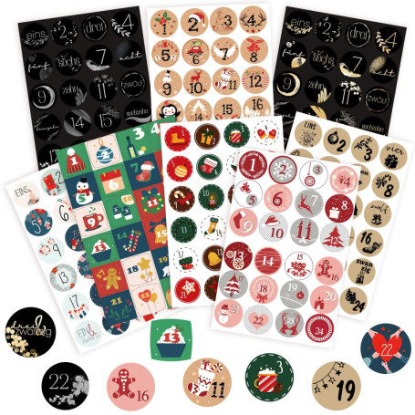Autocollants Chiffres pour Calendrier de l'Avent - 24 Stickers Festifs