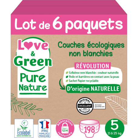 Couches Écologiques Love & Green Pure Nature T5 - 198 Couches Non Blanchies