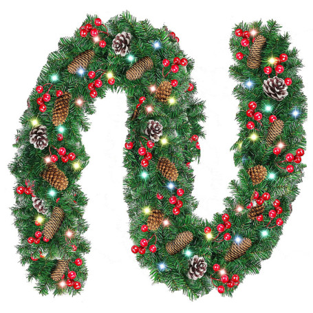 Guirlande de Noël pré-éclairée avec fleurs et boules rouges