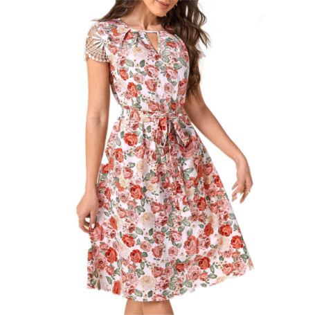 Robe Fleurie à Col Clé et Ceinture en Dentelle Guipure Multicolore