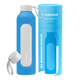 Wessper Gourde en Verre Borosilicaté 1L avec Manchon en Silicone - Océanique