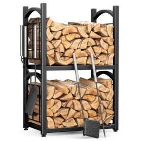 Range-Bûches HFHOME 2-en-1 avec Accessoires pour Cheminée - Noir